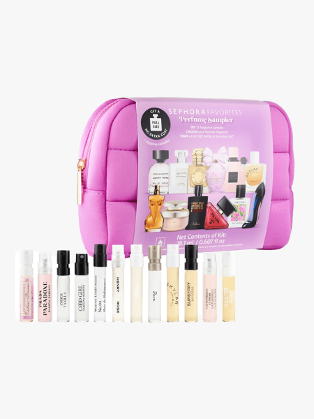 A pink bag and travel perfume vials in Sephora Perfume Sampler Set with Floral & Vanilla Perfumes on a light gray background