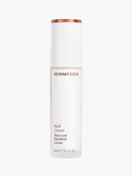 A white bottle of SkinMedica Neck Correct Cream on a light gray background