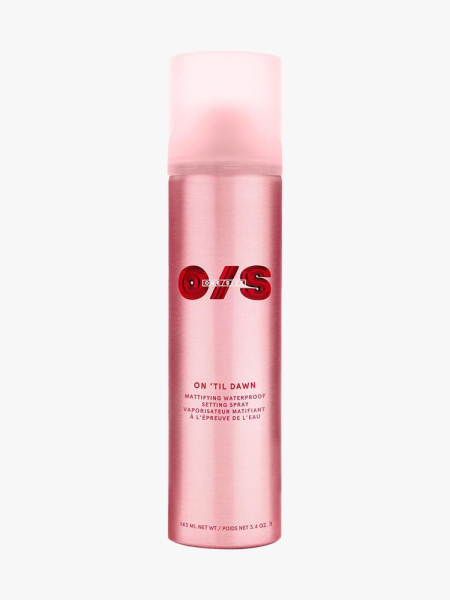 One/Size On 'Til Dawn Mattifying Waterproof Setting Spray pink chrome spray bottle on light gray background