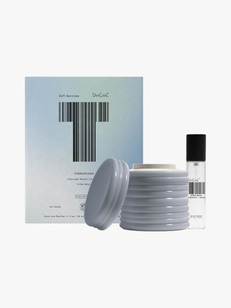 Soft Services Theraplush Xtra Milk Overnight Repair Treatment blue jar, box, and perfume spray on light gray background